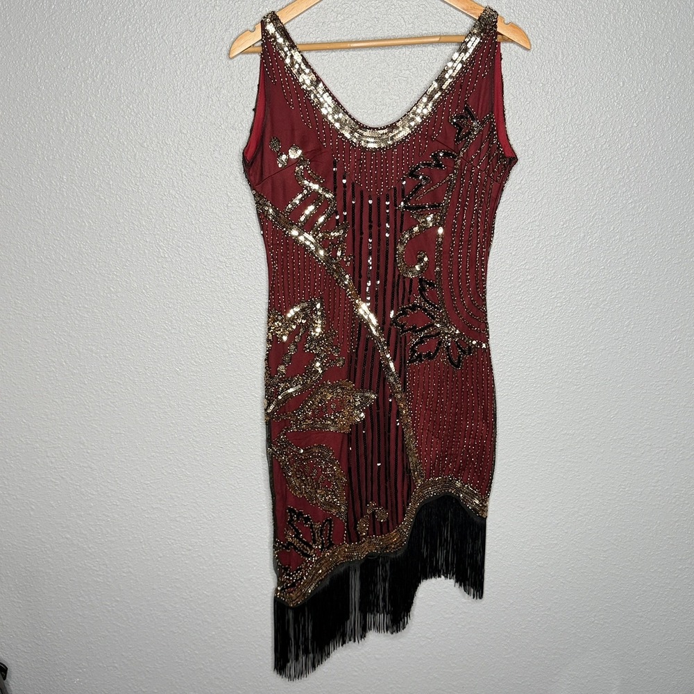 1920s Flapper Dress S Burgundy Gold Sequin Fringe Gatsby Art Deco Costume Party